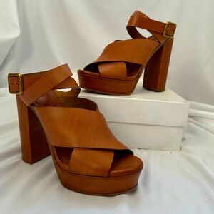 Chloe Brown Leather Platform Sandals with Chunky Heel